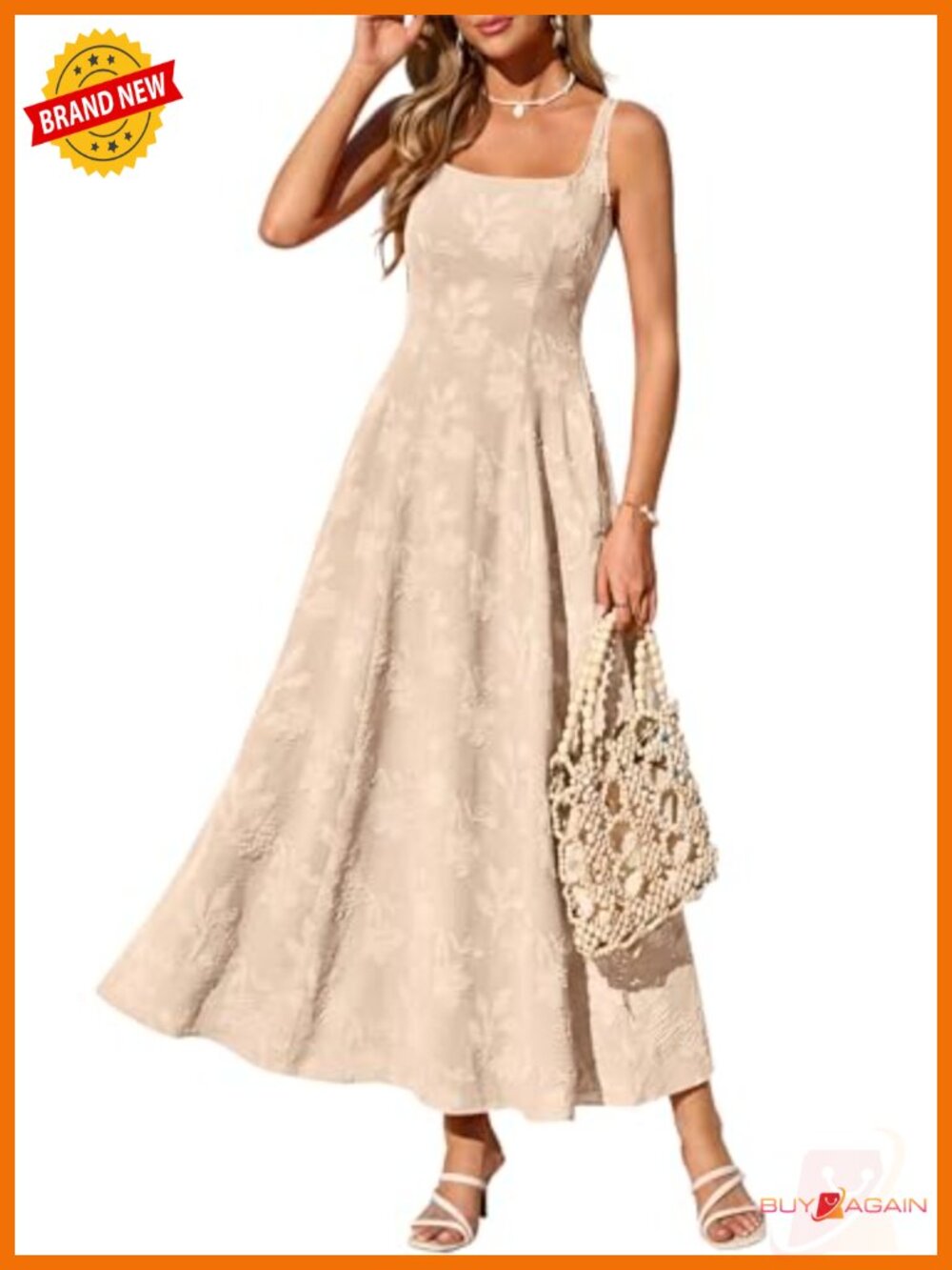 Womens Sleeveless Square Neck Jacquard Boho Maxi Dress with Pockets